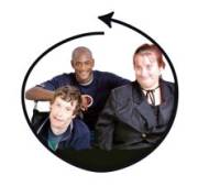 A picture of a group of men inside a circular arrow frame
