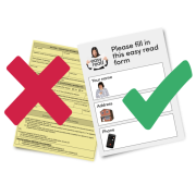 A red cross over a complicated form next to a green tick over an easy read form