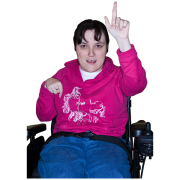 a woman in a wheelchair with her hand raised to ask for help
