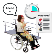 A woman in a wheelchair surrounded by symbols of reasonable adjustments including a longer appointment time and an easy read document
