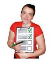 Woman holding up a form with tick boxes and pointing with a pen to the form