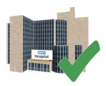 A hospital building with a green tick symbol next to it