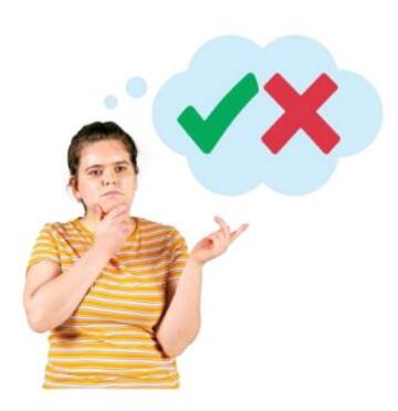 A woman thinking with a tick and a cross symbol in a thought bubble
