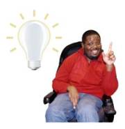 A man in a wheelchair with his finger pointed upwards and a symbol of a lightbulb next to him