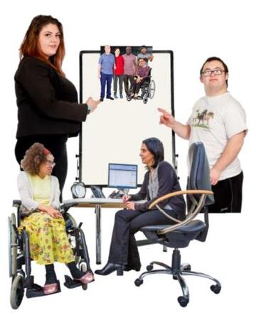 A woman and a man pointing to a white board which has a picture of people with a learning disability on it. This is next to a doctor talking to a patient behind a desk.