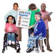 A group of people with learning disabilities holding up an NHS 'register' poster