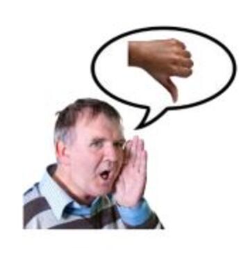 Man shouting with a speech bubble above his head showing a thumbs down picture