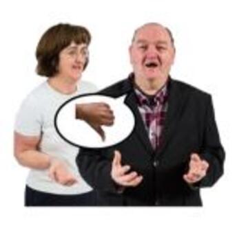 A couple talking and between them is a speech bubble with a thumbs down picture.