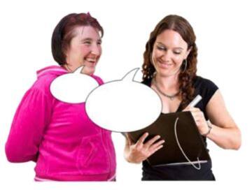 Two women talking and one of them is writing on a clipboard