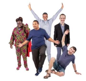 Five people looking happy. One is sitting on the ground with a hand raised, the others are standing and one of them has both hands in the air. All are smiling