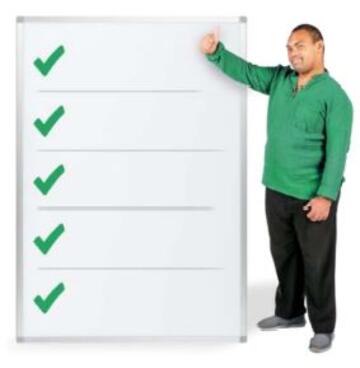 A man with his thumbs up next to a report with green ticks on it.