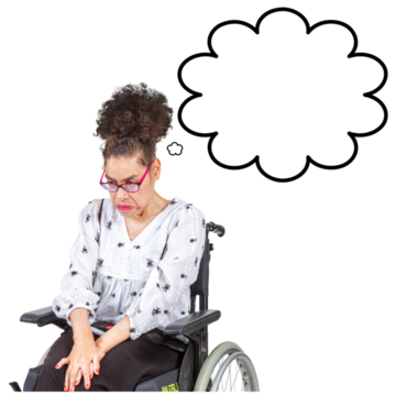 A woman in a wheelchair looking sad and thinking about something