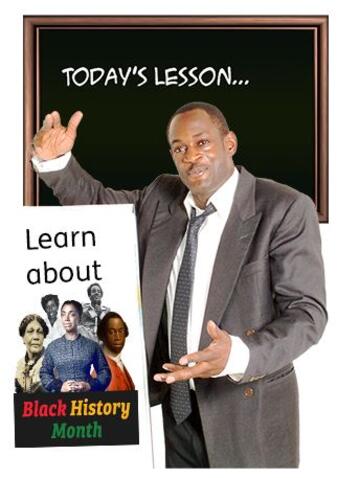 A Black man stands next to a flipchart that says Learn about Black History Month.