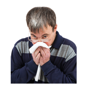 A person blowing their nose with a tissue.