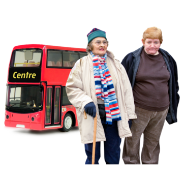 A couple in front of a red bus.