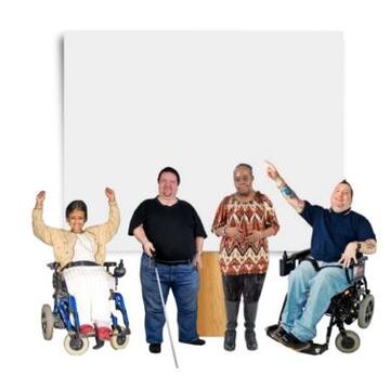 Four people with different learning disabilities, two in a wheelchair and two standing, in front of a white wall 