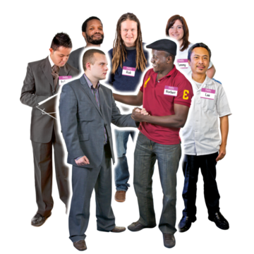 A man being greeted by a support worker in front of other support workers