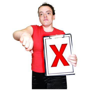 A woman holding up a red cross sign with her thumbs down