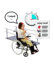 A woman in a wheelchair surrounded by symbols of things which make it easy for her; an easy read document, a longer appointment time and a speech bubble telling someone what she needs.