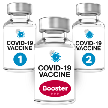 3 bottles labelled covid-19 vaccine 1, covid-19 vaccine 2 and covid-19 vaccine booster.  The booster bottle is in front of the other bottles.