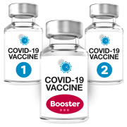 3 bottles labelled covid-19 vaccine 1, covid-19 vaccine 2 and covid-19 vaccine booster.  The booster bottle is in front of the other bottles.