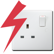 an electric socket which is switched on and has a red zig zag line beside it