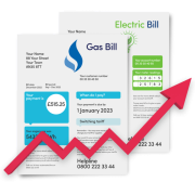 A gas and an electric bill with a red line going up and down over them.  At the end, the red line goes up steeply with an arrow head at the end pointing upwards.