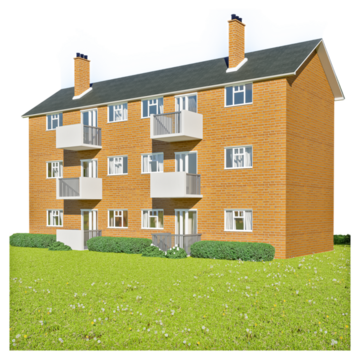 A block of flats with balconies and grass outside.