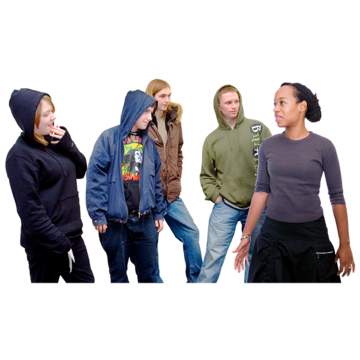 A woman being bullied by a crowd of 4 young men