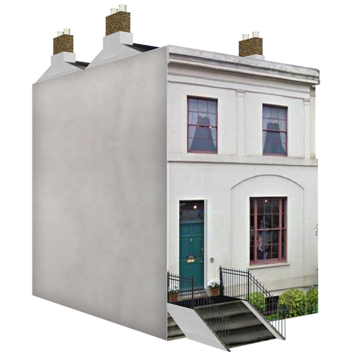 A large house with several chimneys and steps up to the front door.