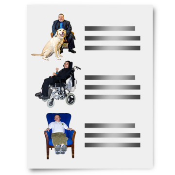 A piece of paper with images of a person with a guide dog, a person in a wheelchair and a person sitting in a chair.  There is writing next to each image.