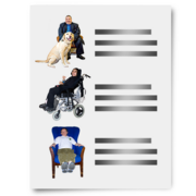 A piece of paper with images of a person with a guide dog, a person in a wheelchair and a person sitting in a chair.  There is writing next to each image.
