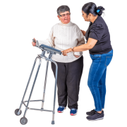A woman being shown how to use a walking frame