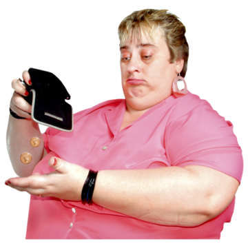 A woman turning out her purse with no money in it