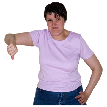 A woman looking disappointed with her thumb down
