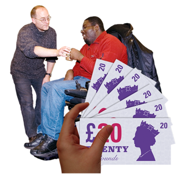 A handful of 20 pound notes in front of a carer giving a man in a wheelchair a cup of tea