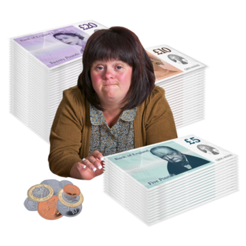 A woman looking worried surrounded by money
