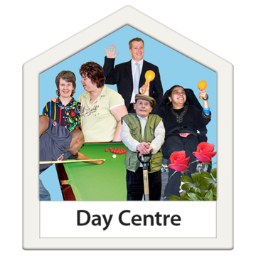A house shape frame around a group of people in a day centre