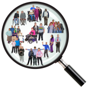 A magnifying glass showing many different types of people