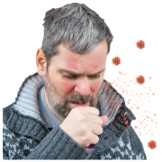 A man coughing into his hand.  There are dots around him representing coronavirus germs.