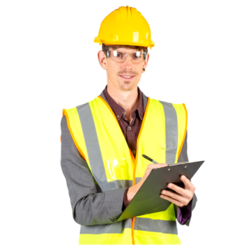 A man wearing a yellow helmet, eye protection and a high visibility jacket.  He is holding a clipboard and a pen.
