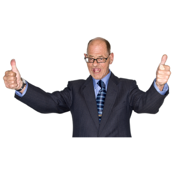 A man smiling with both his thumbs up in the air