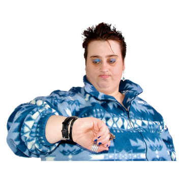 A woman checking her wrist watch and frowning