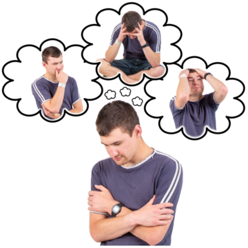 A man worrying about three different things he is thinking about