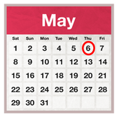 A calendar showing the month of May with a red circle around 6th May.