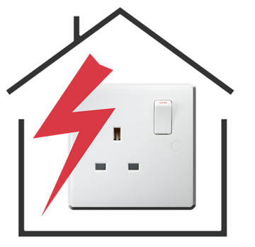 an electric socket which is switched on and has a red zig zag line beside it inside the outline shape of a house