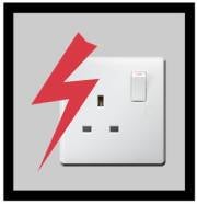 a grey square with a black border around it.  Inside the square is an electric socket which is switched on and a red zig zag symbol over the socket.