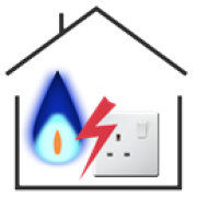 a gas flame and an electric socket inside the outline shape of a house