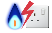 a gas flame and an electric socket which is switched on with a red zig zag beside it