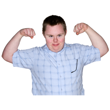A person standing with their arms outstretched and bent upwards at the elbows with their fists clenched